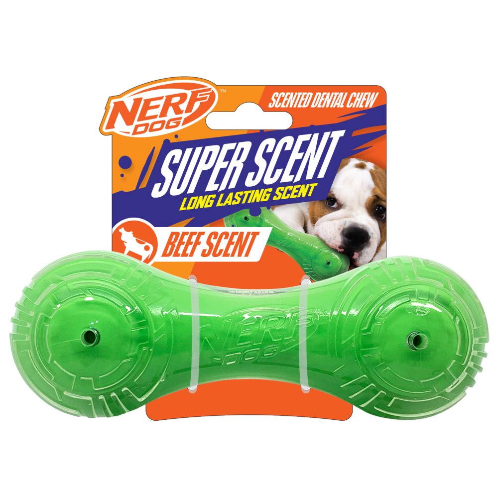 Nerf Dog TPR/PP Scented Beef Super Scent Barbell Solid Core 7in